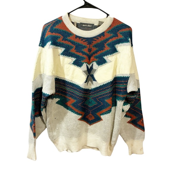 Vintage Mark Elliot Sweater Men Geometric Genuine Leather Western Knit Pullover